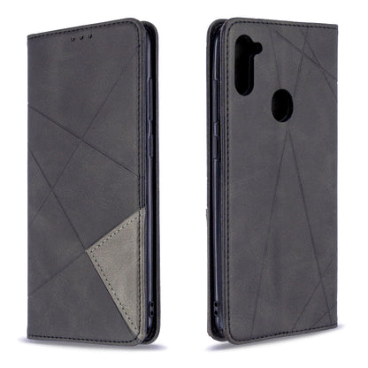 Dark grey leather flip phone wallet case with rhombus texture, card slot, and camera cutout