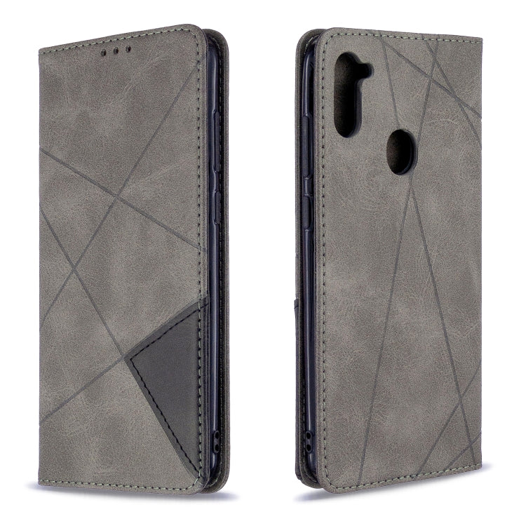 Light grey leather flip phone wallet case with rhombus texture, card slot, and camera cutout