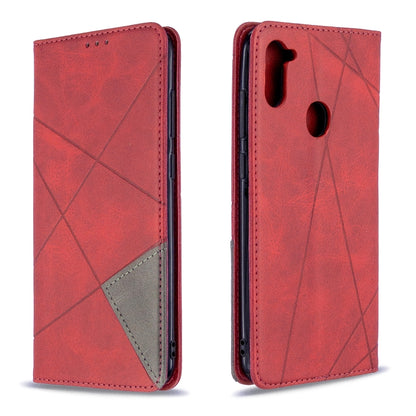 Red leather flip phone wallet case with rhombus texture, card slot, and magnetic closure