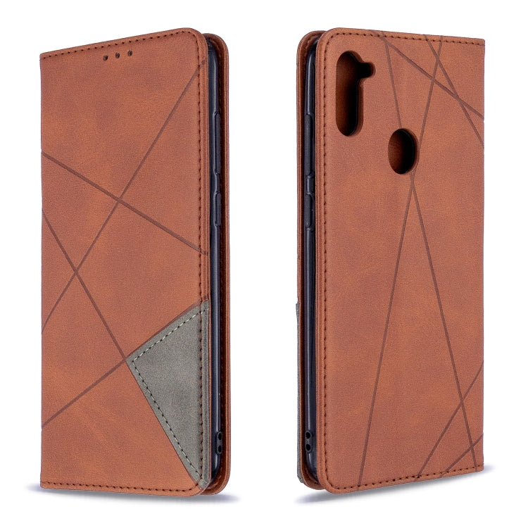 Brown flip magnetic leather case with rhombus texture; card slots and cutout for camera