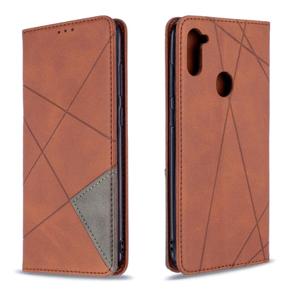 Brown flip magnetic leather case with rhombus texture; card slots and cutout for camera
