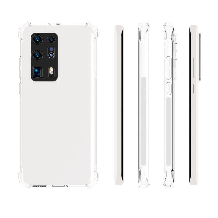 Transparent TPU phone case shown front, side, and back with button and port cutouts