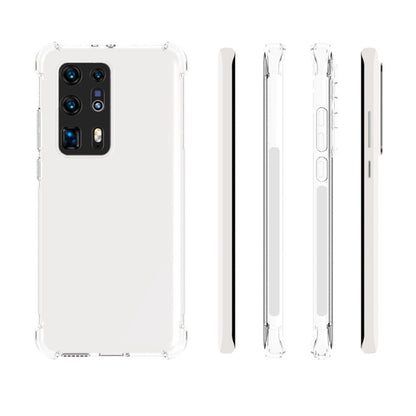 Transparent TPU phone case shown front, side, and back with button and port cutouts