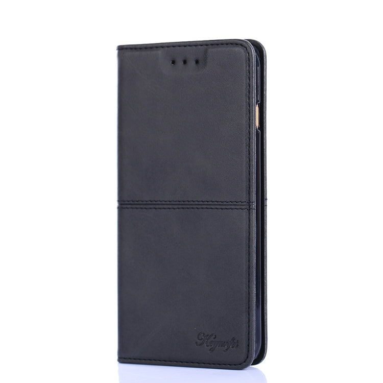 Black cow-texture magnetic leather flip phone case with top speaker cutouts