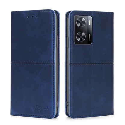 Blue cow-texture magnetic leather flip phone case with camera cutout
