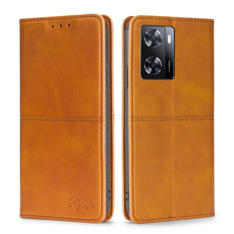 Light brown cow-texture magnetic leather flip phone case with camera cutout