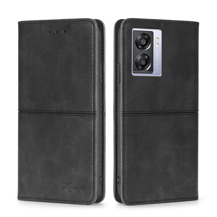 Black cow-texture magnetic leather flip phone case with camera window