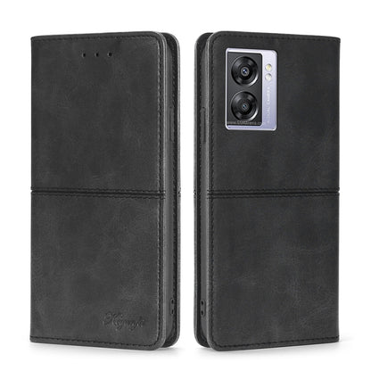 Black cow-texture magnetic leather flip phone case with camera window