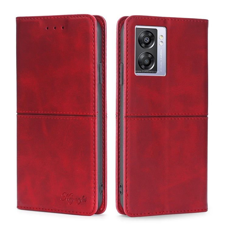 Red cow-texture magnetic leather flip phone case with camera window
