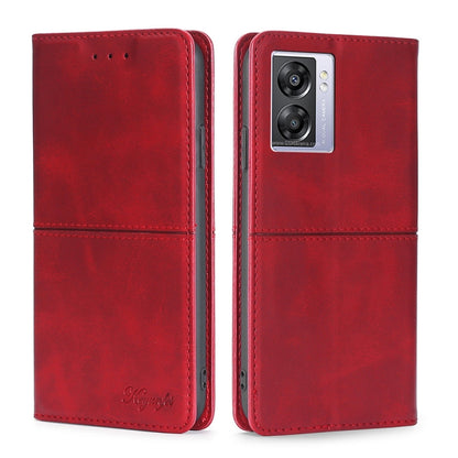 Red cow-texture magnetic leather flip phone case with camera window