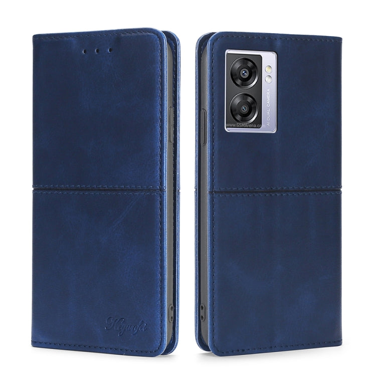 Blue cow-texture magnetic leather flip phone case with camera window