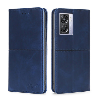 Blue cow-texture magnetic leather flip phone case with camera window