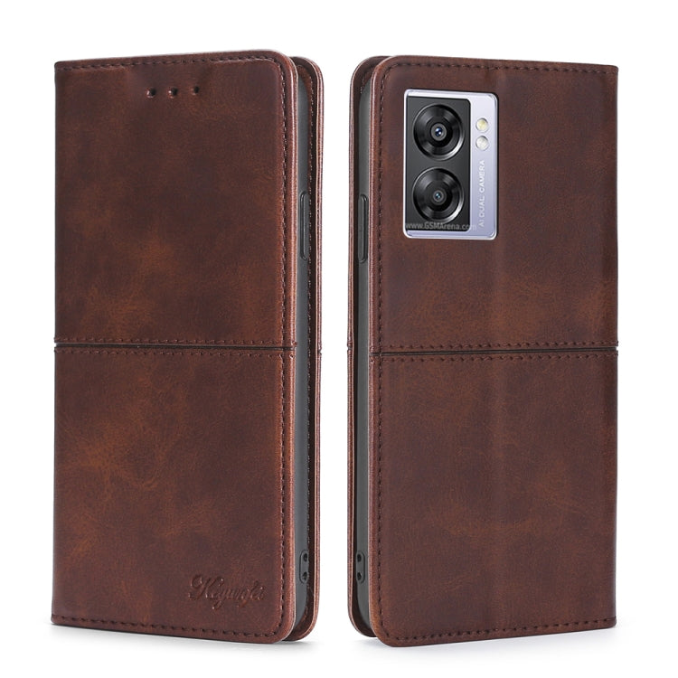 Cow texture magnetic leather phone case, dark brown, flip cover with camera cutout