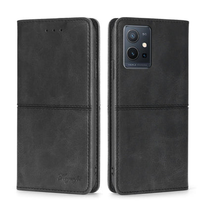 Cow texture magnetic leather phone case, black, flip cover with camera cutout