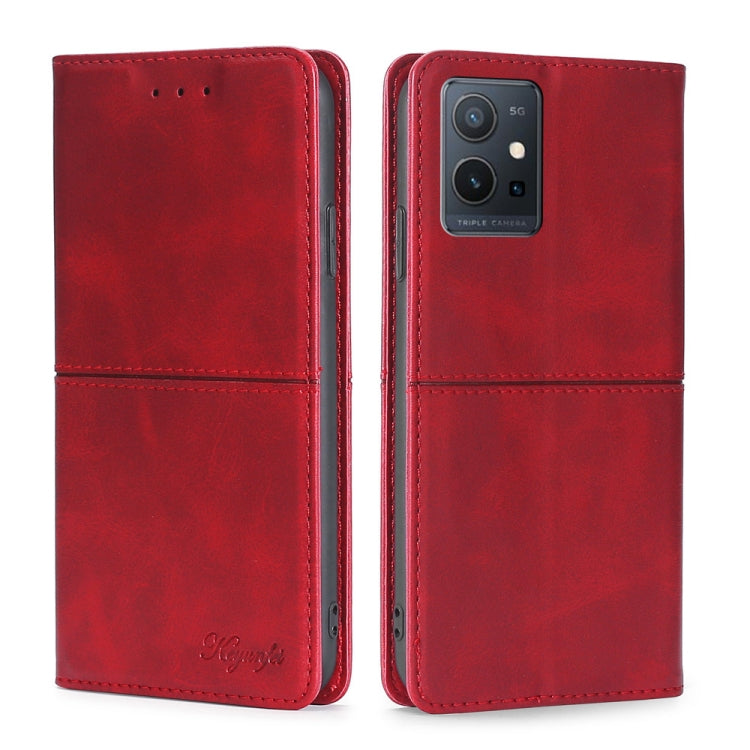 Cow texture magnetic leather phone case, red, flip cover with camera cutout