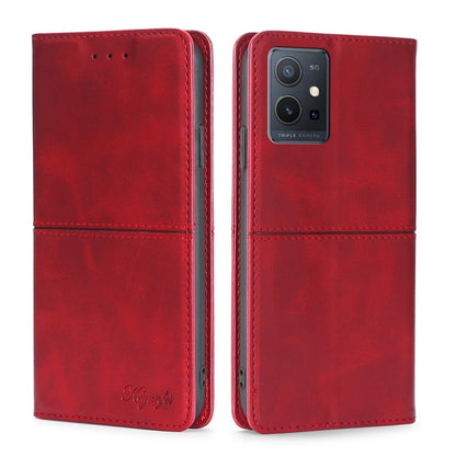 Cow texture magnetic leather phone case, red, flip cover with camera cutout