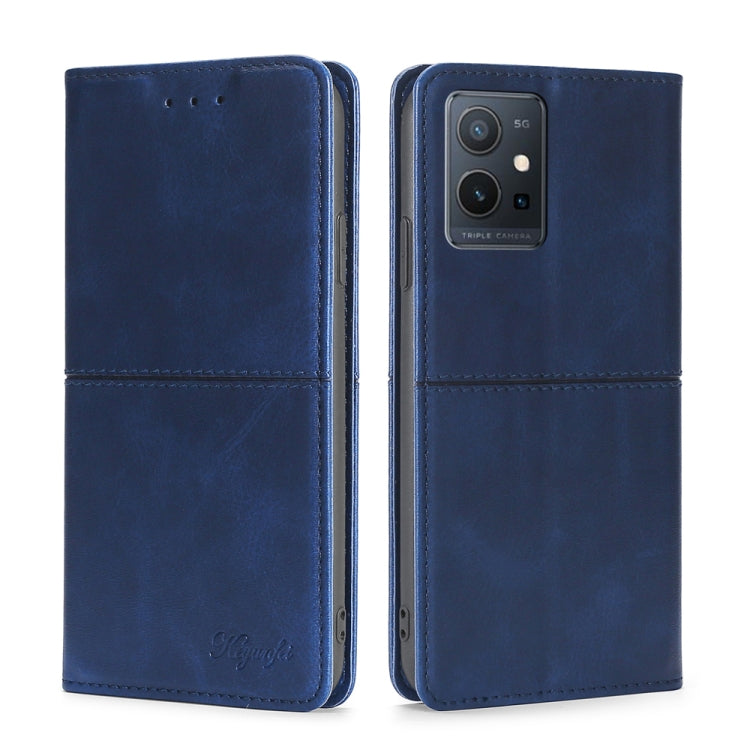 Cow texture magnetic leather phone case, blue, flip cover with camera cutout