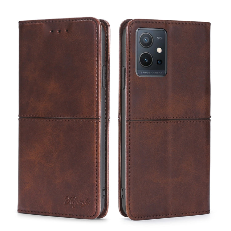 Cow texture magnetic leather phone case, dark brown, flip cover with camera cutout