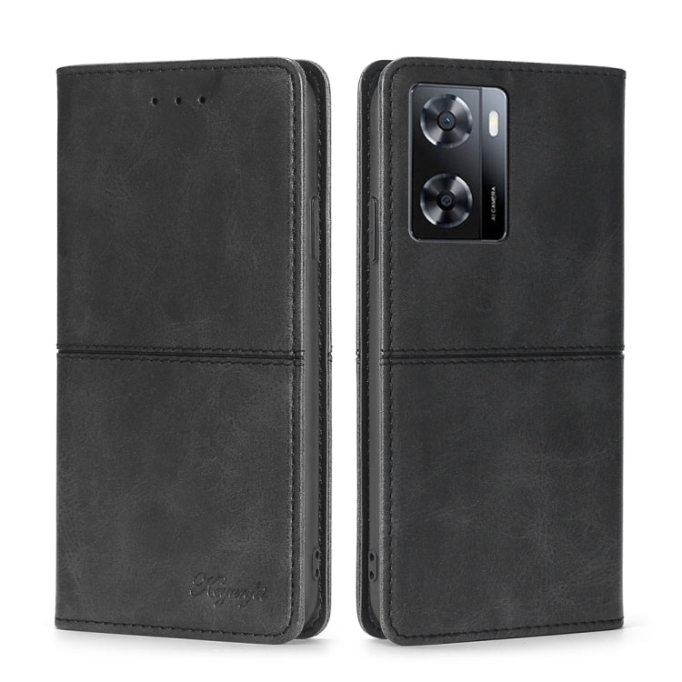 Cow texture magnetic leather phone case, black, flip cover with camera cutout