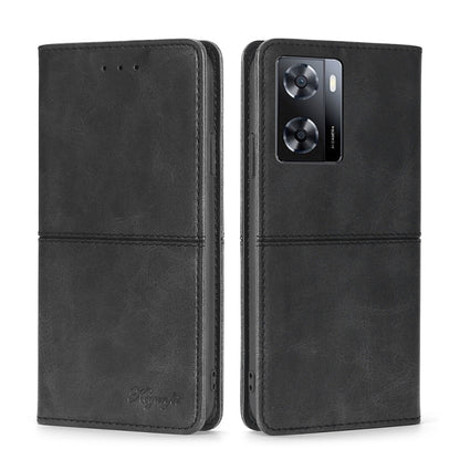 Cow texture magnetic leather phone case, black, flip cover with camera cutout