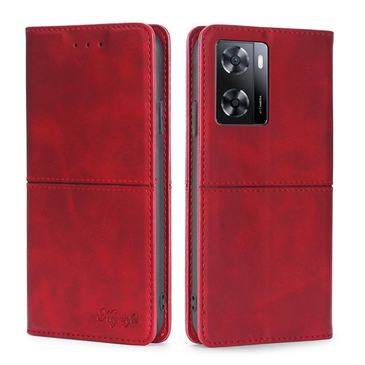 Cow texture magnetic leather phone case, red, flip cover with camera cutout