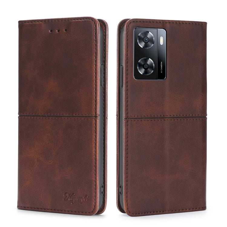 Brown magnetic leather folio phone case with camera cutout, front and back shown