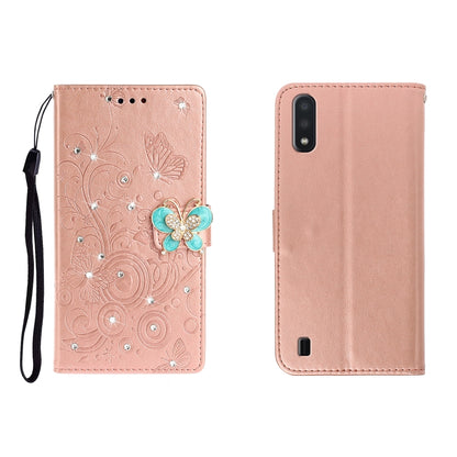 Rose gold leather phone wallet case with embossed butterfly, rhinestone flower, card slot