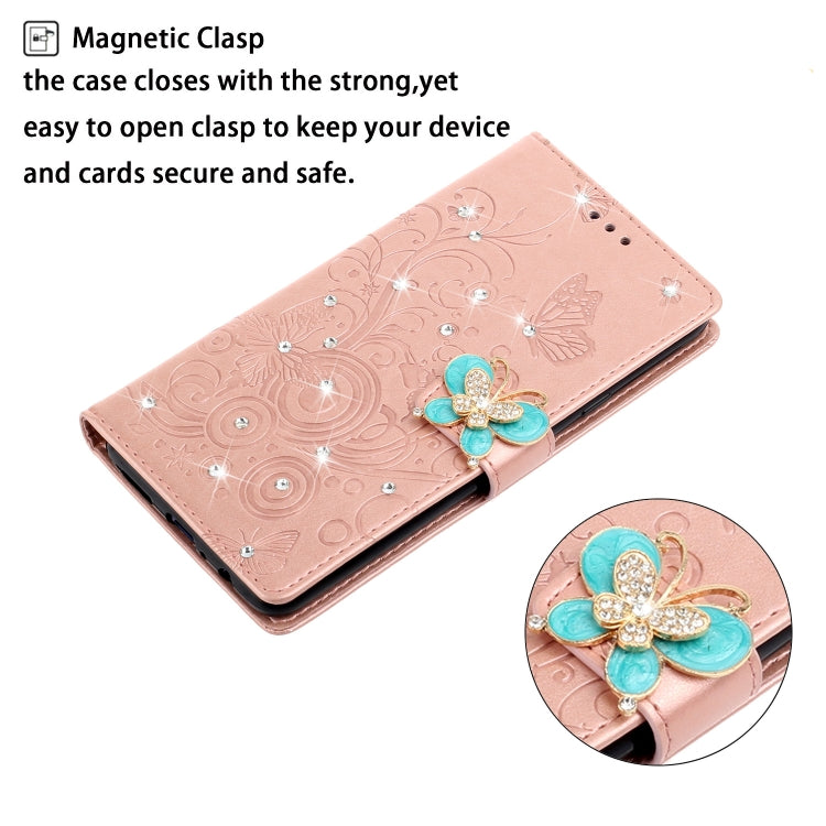 Rose gold leather phone wallet case with magnetic clasp, embossed butterfly, rhinestone accents