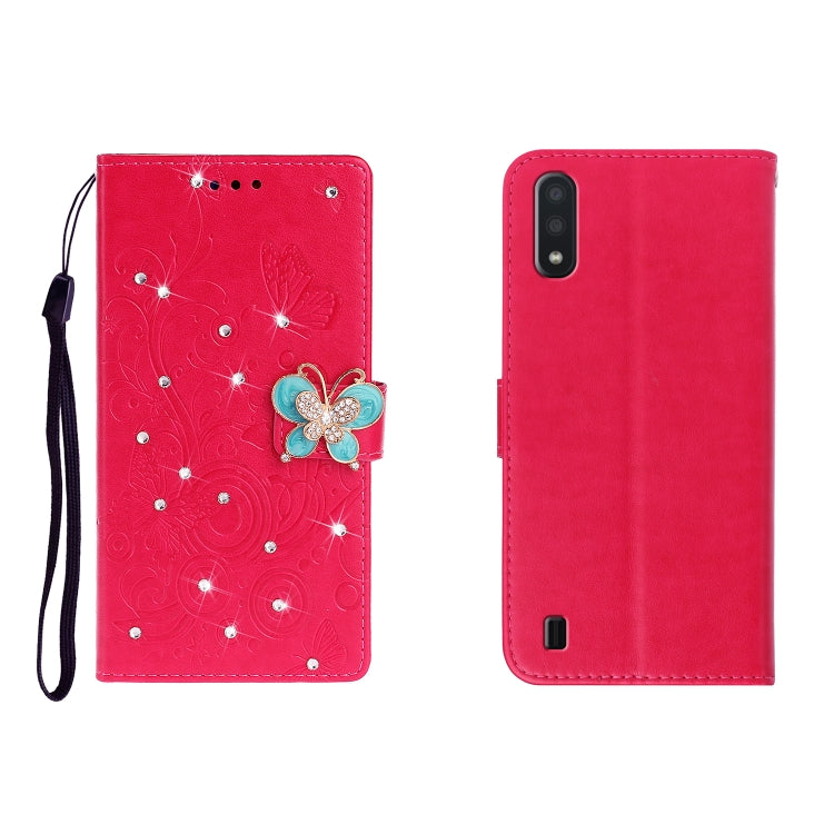 Red leather phone wallet case with embossed butterfly and rhinestone flower charm