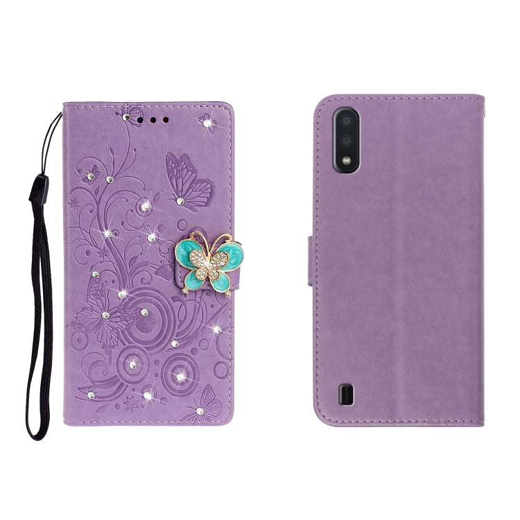 Purple butterfly rhinestone embossed phone wallet case with card slot and strap.