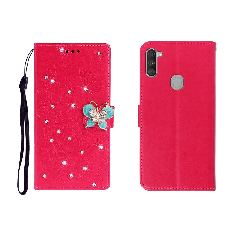 Red butterfly rhinestone embossed phone wallet case with card slot and strap.