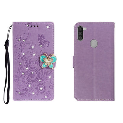 Purple butterfly rhinestone embossed phone wallet case with card slot and strap.