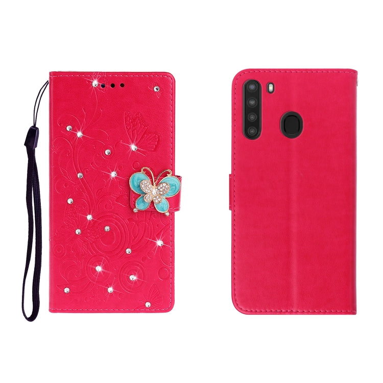 Red butterfly rhinestone embossed phone wallet case with card slot and strap.
