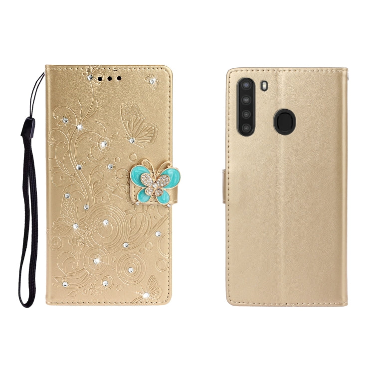 Gold butterfly rhinestone embossed phone wallet case with card slot and strap.