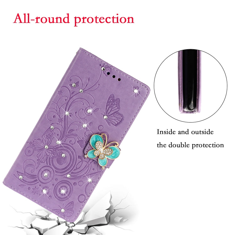 Purple embossed leather phone wallet case with butterfly rhinestone design and card slots