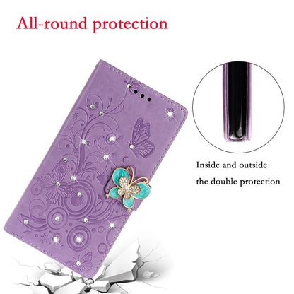 Purple embossed leather phone wallet case with butterfly rhinestone design and card slots