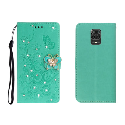 Green embossed leather phone wallet case with butterfly rhinestone, wrist strap and card slot