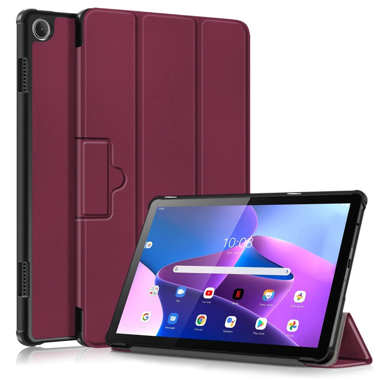 3-fold magnetic buckle tablet case with textured leather finish, wine red cover and stand