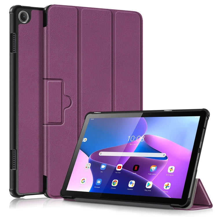 3-fold magnetic buckle tablet case with textured leather finish, purple cover and stand