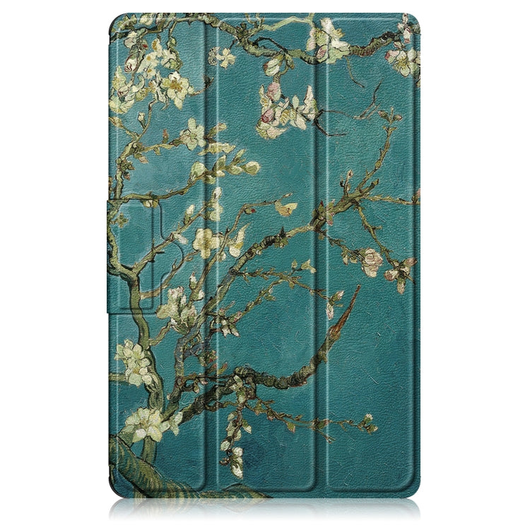 Magnetic 3-fold tablet case, teal cover with gold floral branches and tri-fold design