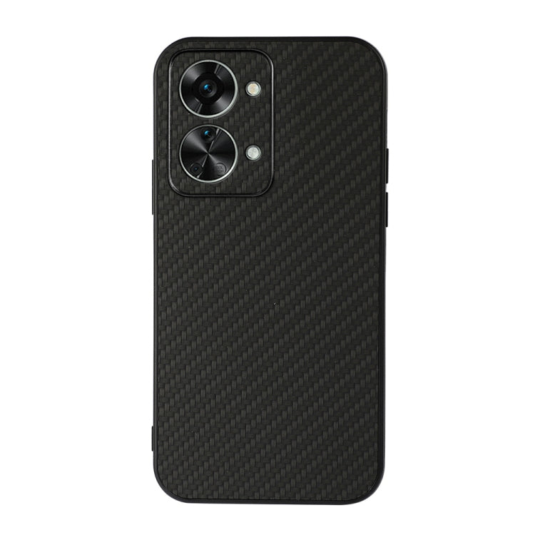 Black carbon-fiber texture PU phone case with dual camera cutouts for Nord 2T