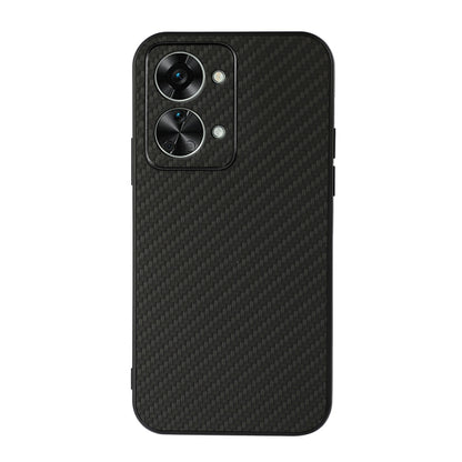 Black carbon-fiber texture PU phone case with dual camera cutouts for Nord 2T