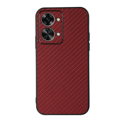 Red carbon-fiber texture PU phone case with dual camera cutouts for Nord 2T