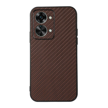 Brown carbon-fiber texture PU phone case with dual camera cutouts for Nord 2T