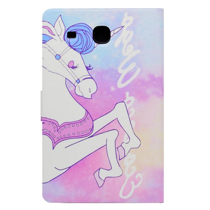 Unicorn print tablet folio case with top cutouts on light pastel background.