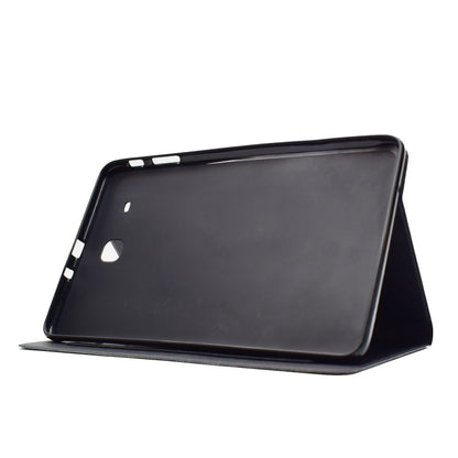 Black tablet folio case with stand position, showing device back opening.