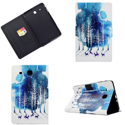 Tablet case with blue snowy forest design, folding cover and back card-slot view