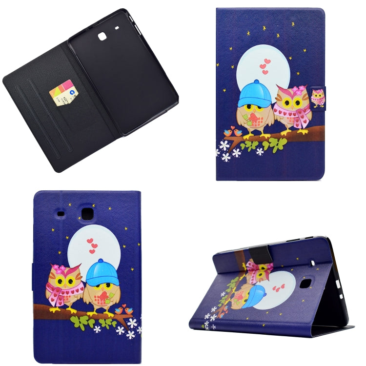 Purple owl patterned tablet folio case with front cover, card slots, and stand
