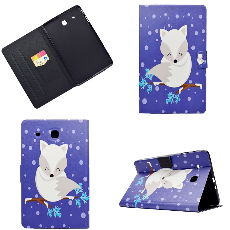 Tablet folio case with white fox and paw print pattern, pen holder and card slot.