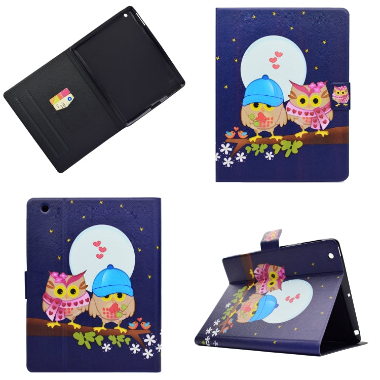 Purple owl motif tablet folio case showing front cover, back view, and stand